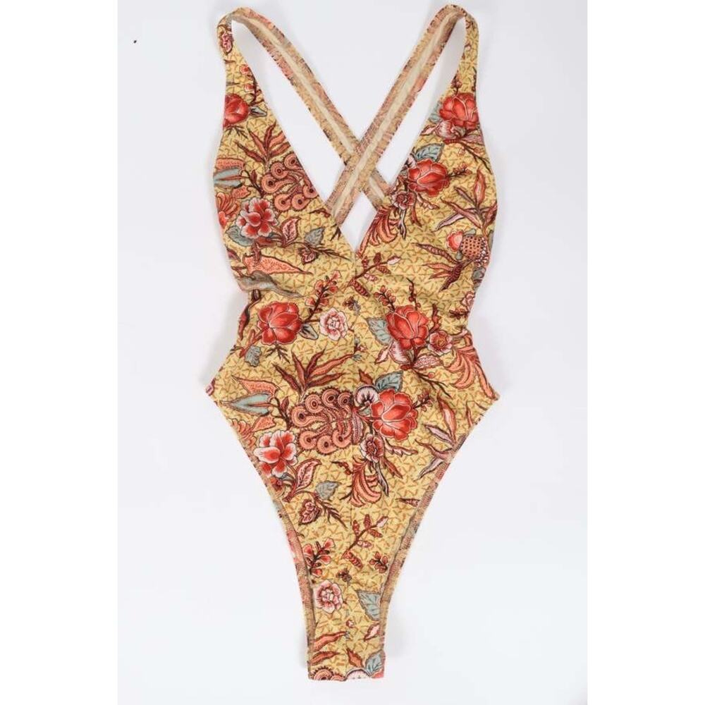 Ulla Johnson S Floral One Piece Swimsuit Plunge Cross Back Boho Yellow